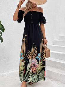 SHEIN Holidaya 熱帶圖案一字肩高衩連衣裙 - 黑色 - 查看 3