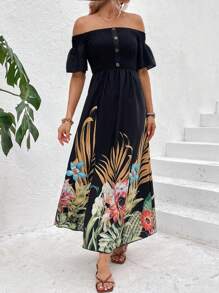 SHEIN Holidaya 熱帶圖案一字肩高衩連衣裙 - 黑色 - 查看 6