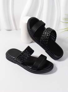 Girls Braided Design Double Strap Slippers For Outdoor - Black - View 3