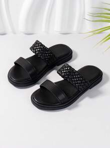 Girls Braided Design Double Strap Slippers For Outdoor - Black - View 5