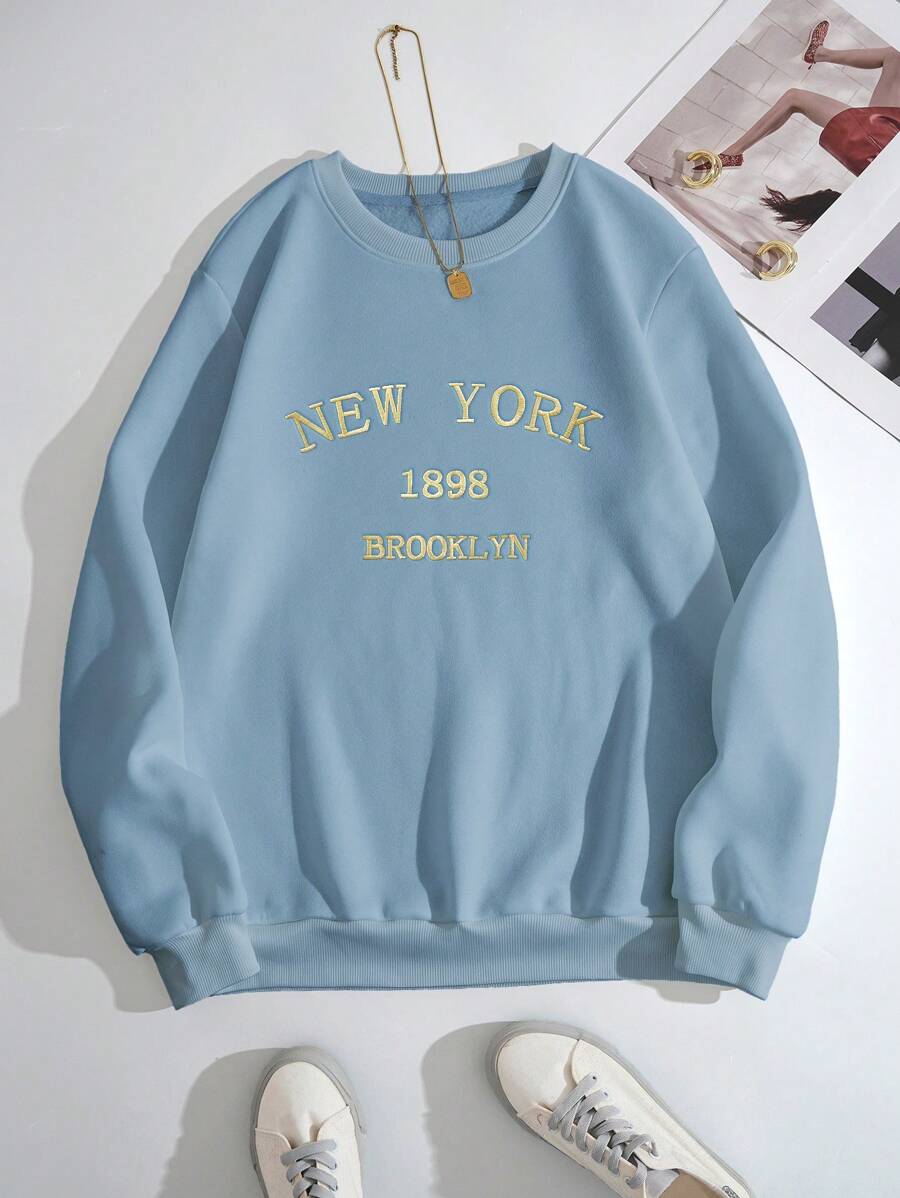 SHEIN Essnce Quần áo thể thao nữ Thêu Lá thư Giải trí - Màu xanh nhạt - Xem 1