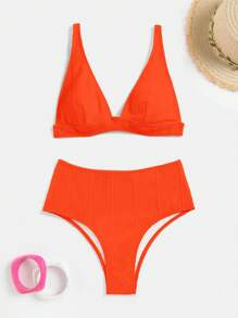 Swim Vcay Summer Beach Textured High Waisted Bikini Set, Bathing Suit - Orange - View 3