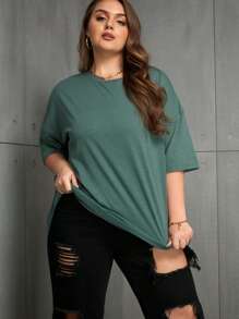 INAWLY Plus Size Solid Color Minimalist Casual Round Neck Short Sleeve T-Shirt - Dark Green - View 4