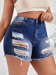 SHEIN SXY Plus Ripped Raw Hem Denim Shorts - Dark Wash - View 3
