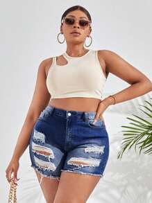 SHEIN SXY Plus Ripped Raw Hem Denim Shorts - Dark Wash - View 4
