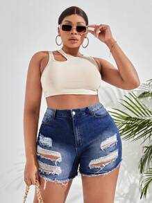 SHEIN SXY Plus Ripped Raw Hem Denim Shorts - Dark Wash - View 6