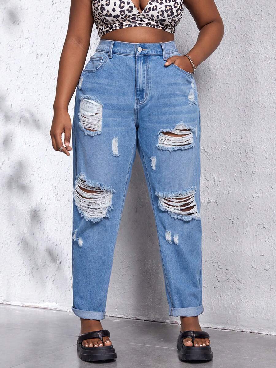 SHEIN SXY Plus High Waist Ripped Mom Fit Jeans - Light Wash - View 1