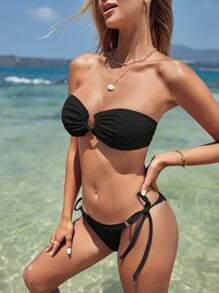SHEIN Ring Linked Bandeau Tie Side Bikini Set - Black - View 5