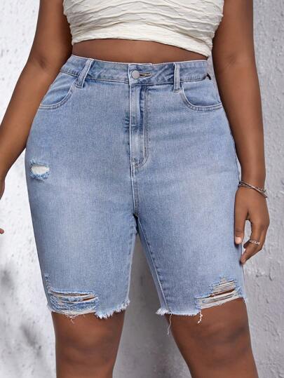 SHEIN SXY 大碼破洞毛邊牛仔短褲