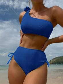 Rib One Shoulder High Waisted Bikini Set - Royal Blue - View 1