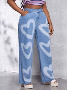 SHEIN EZwear 大碼愛心圖案闊腿牛仔褲 - 淺色水洗藍 - 查看 5