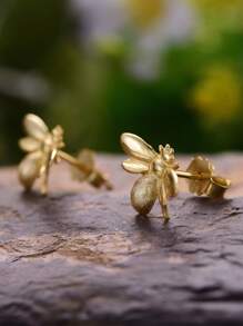 ESBERRY 1pair Glamorous Bees Stud Earrings For Women s925 Sterling Silver Valentine's Day Handmade Fine Ladies Jewelry Gift For Girls - Yellow Gold - View 7