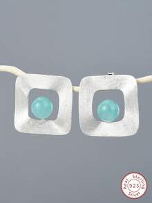 1pair Uneven Square Amazonite Stud Earrings For Women s925 Sterling Silver Mother's Day Valentine's Day Charm Handmade Fine Ladies Jewelry Gift - Silver - View 1