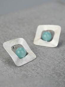 1pair Uneven Square Amazonite Stud Earrings For Women s925 Sterling Silver Mother's Day Valentine's Day Charm Handmade Fine Ladies Jewelry Gift - Silver - View 5