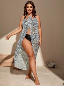 SHEIN Swim Curve Plus Allover Print Wrap Hem Halter Neck Backless Kimono - White - View 5