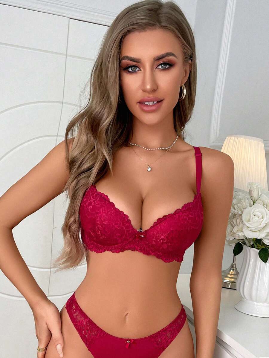 Floral Lace Underwire Bra, Lingerie - Burgundy - View 1