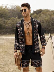 Manfinity RSRT 鬆身男士幾何印花和服&束腰短褲 - 黑色 - 查看 6