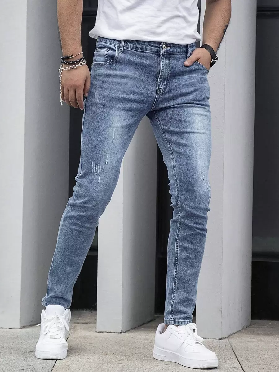 Men Slant Pocket Cat Scratch Jeans - Medium Wash - View 1