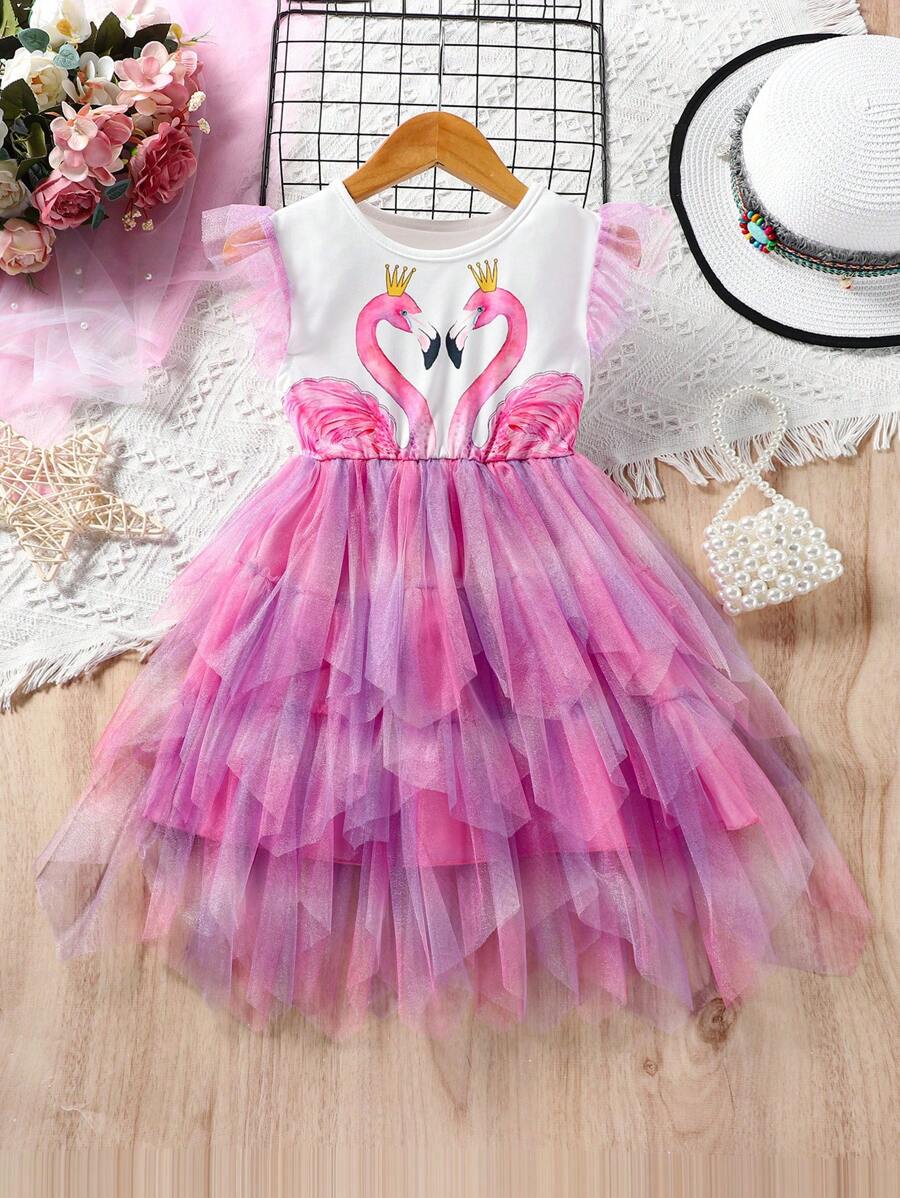 SHEIN Young Girl Cartoon Swan Mesh Tutu Dress With Round Neckline And Ruffled Sleeves For Summer - Multicolor - View 1
