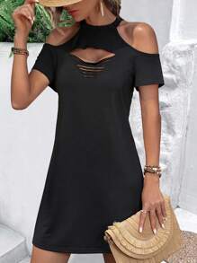 SHEIN LUNE Vestido de hombros descubiertos con abertura delantera - Negro - Ver 4