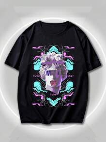 ROMWE MEN Cyber Luvr 男士人像圖案T恤 - 黑色 - 查看 1