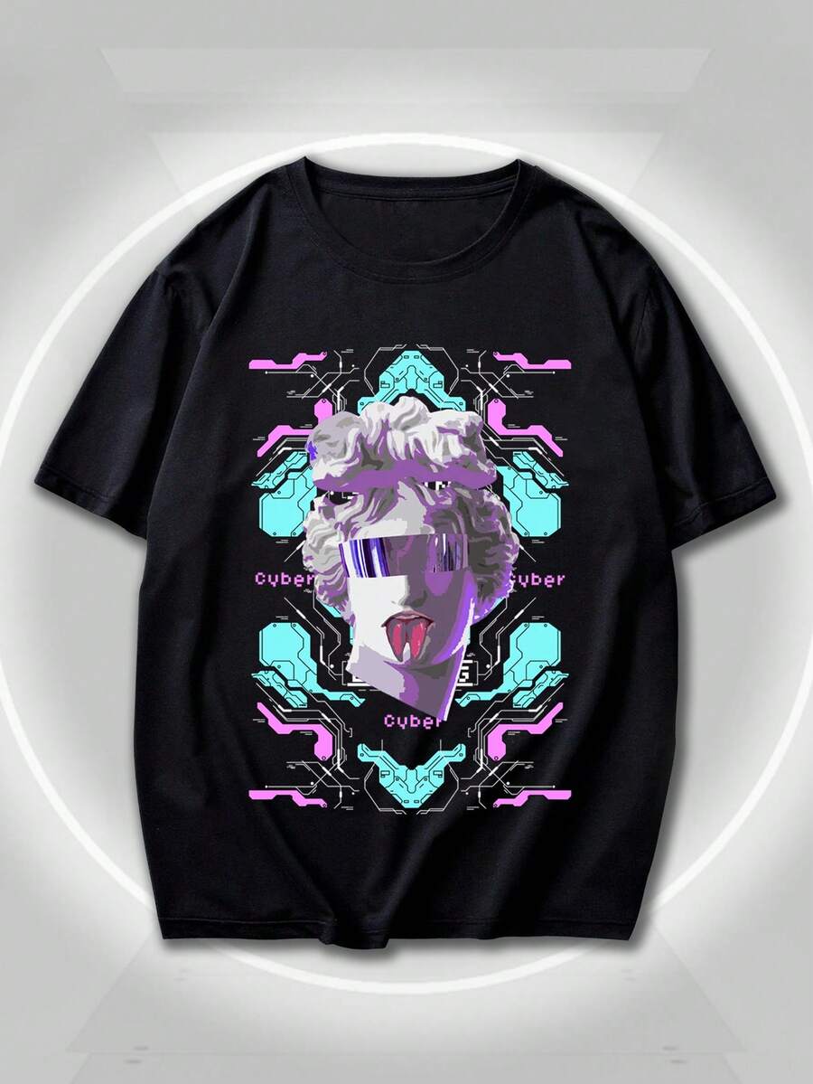 ROMWE MEN Cyber Luvr 男士人像圖案T恤 - 黑色 - 查看 1