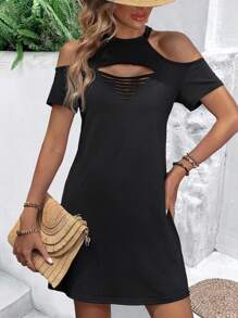 SHEIN LUNE Vestido de hombros descubiertos con abertura delantera - Negro - Ver 5