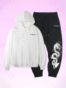 ROMWE MEN Anime Hombres Pantalones deportivos con capucha dragón & con estampado de letra con cordón - Blanco y Negro - Ver 2