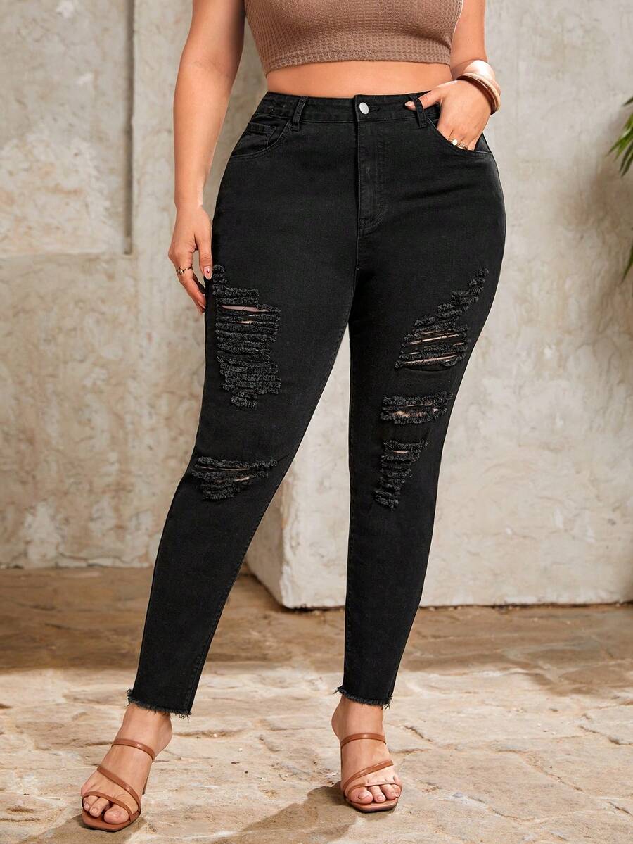 SHEIN Frenchy Plus High Waist Ripped Raw Cut Skinny Jeans - Black - View 1