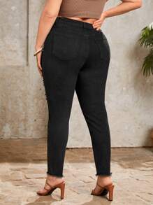 SHEIN Frenchy Plus High Waist Ripped Raw Cut Skinny Jeans - Black - View 2
