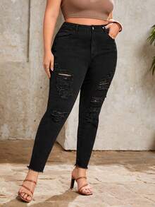 SHEIN Frenchy Plus High Waist Ripped Raw Cut Skinny Jeans - Black - View 3