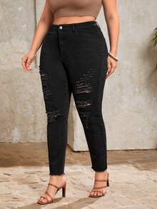SHEIN Frenchy Plus High Waist Ripped Raw Cut Skinny Jeans - Black - View 4