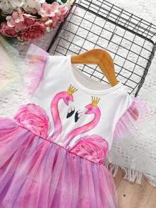 SHEIN Young Girl Cartoon Swan Mesh Tutu Dress With Round Neckline And Ruffled Sleeves For Summer - Multicolor - View 3