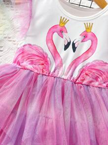 SHEIN Young Girl Cartoon Swan Mesh Tutu Dress With Round Neckline And Ruffled Sleeves For Summer - Multicolor - View 5