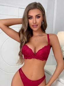 Floral Lace Underwire Bra, Lingerie - Burgundy - View 5