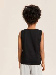 SHEIN Boys 100% Cotton Solid Tank Top - Black - View 2