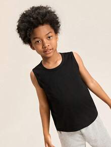 SHEIN Boys 100% Cotton Solid Tank Top - Black - View 4