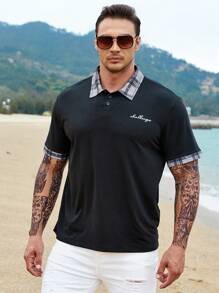 Manfinity 男士格紋和字母圖案拼接領POLO衫 - 黑色 - 查看 2