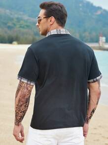 Manfinity 男士格紋和字母圖案拼接領POLO衫 - 黑色 - 查看 4