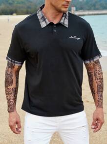 Manfinity 男士格紋和字母圖案拼接領POLO衫 - 黑色 - 查看 1