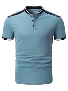 Manfinity Homme Hombres Camisa polo con cinta con letra ribete en contraste - Neblina azul - Ver 5