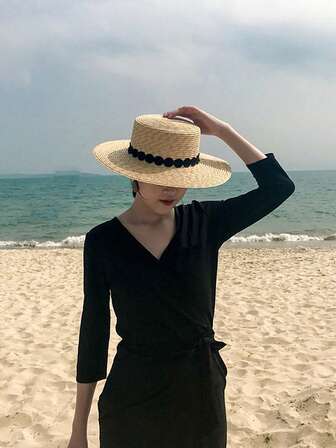 1pc Women Round Decor Boho Straw Hat For Vacation