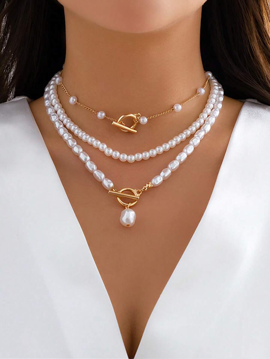 3 件复古不对称人造珍珠吊坠几何镂空串珠项链套装适合休闲和节日装扮优雅女士饰品