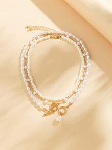 3 件复古不对称人造珍珠吊坠几何镂空串珠项链套装适合休闲和节日装扮优雅女士饰品