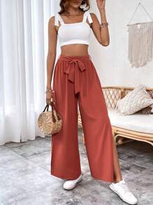 SHEIN VCAY Tie Shoulder Cami Top & Split Hem Belted Wide Leg Pants