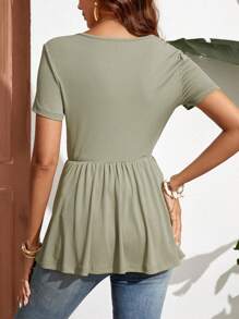 SHEIN Frenchy Áo thun nữ Viên lá sen màu trơn Giải trí - xanh quân đội - Xem 2