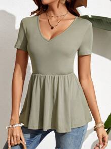 SHEIN Frenchy Áo thun nữ Viên lá sen màu trơn Giải trí - xanh quân đội - Xem 3