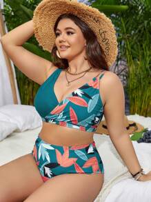 Swim Lushoire Summer Beach Plus Size Tropical Print Bikini Set - Dusty Blue - View 5