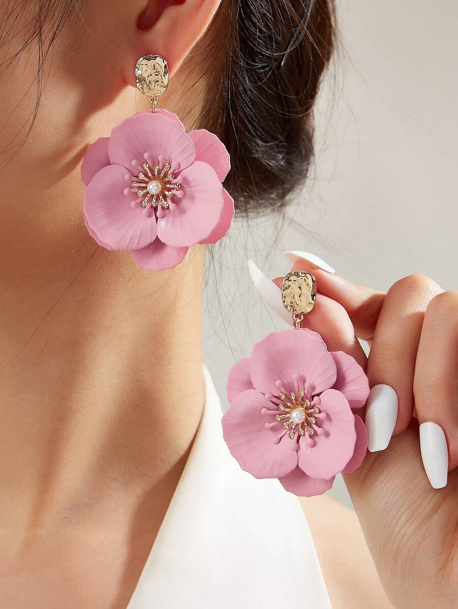 1pair European & American Style Fashionable Sweet Multilayer Flower Drop Earrings Valentines - Pink - View 1