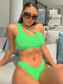 Plain One Shoulder Summer Beach Bikini Set - Green - View 1